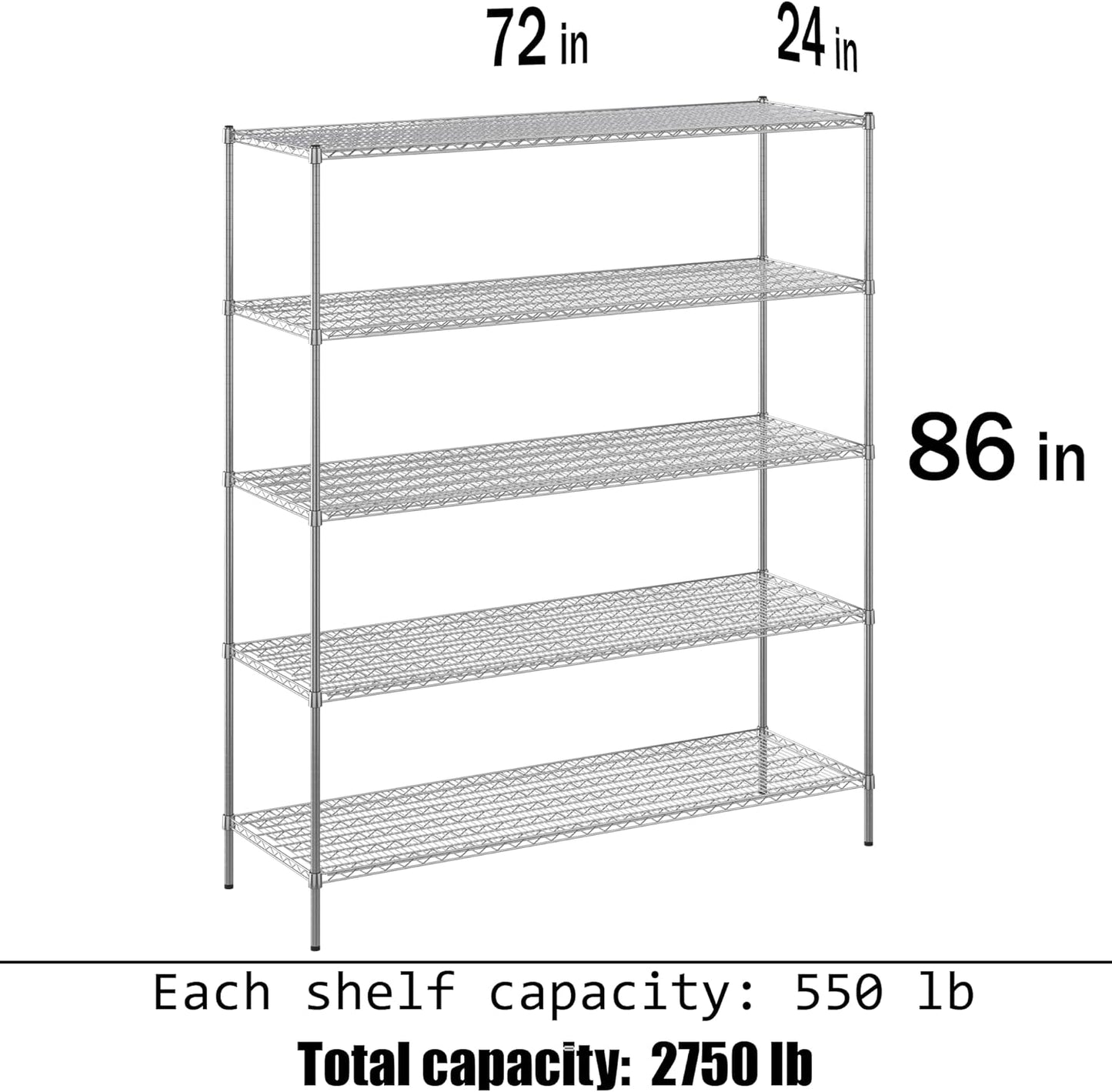 24" Deep x 72" Wide x 86" Height Wire Shelving Kit | 5-Tier | NSF Commercial Storage Rack Unit