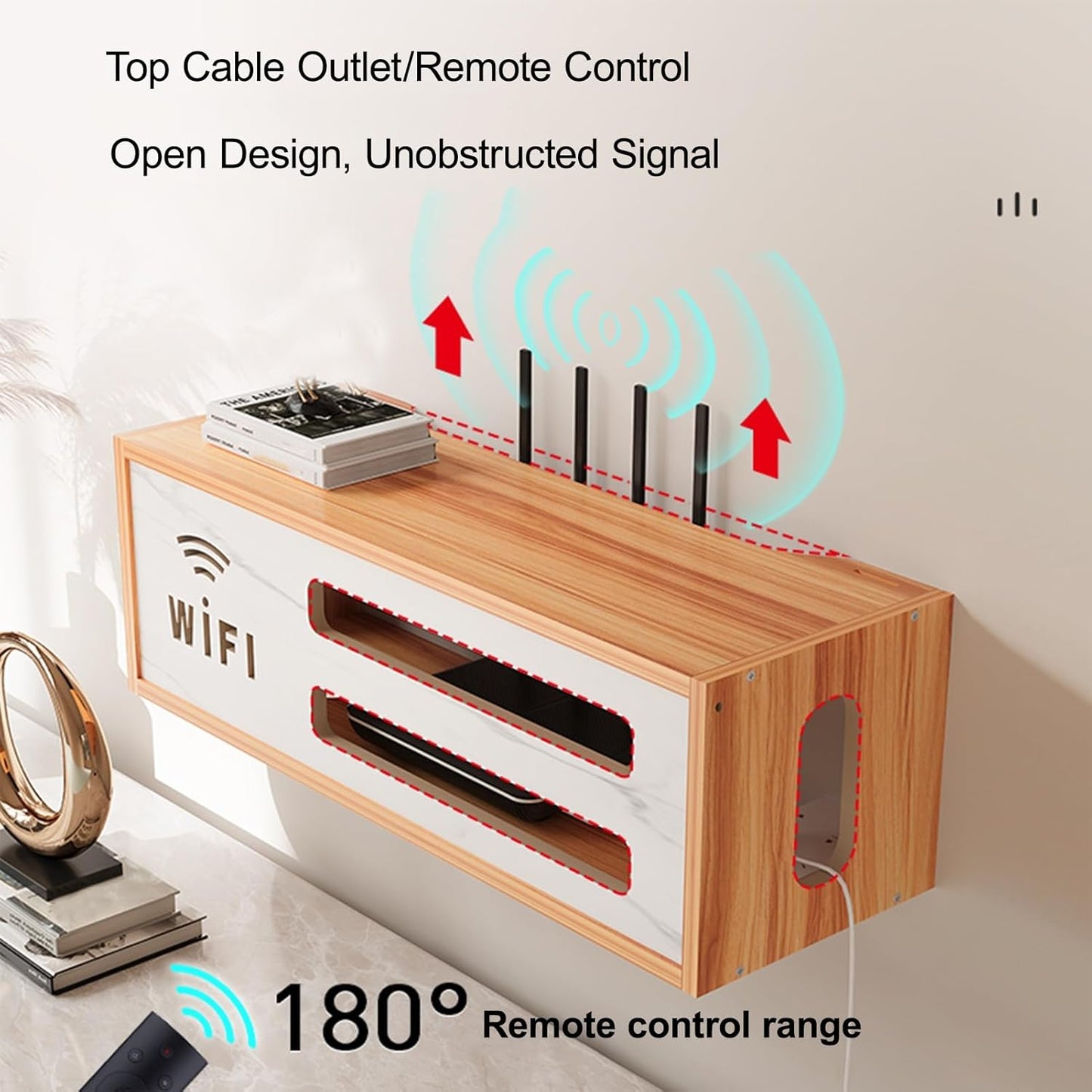 Wall Mount WiFi Router Box, WiFi Router Storage Cabinet, Power Strip and Cable Management Hider Rack, Invisible Storage, for Living Room, Office, Bedroom(White)