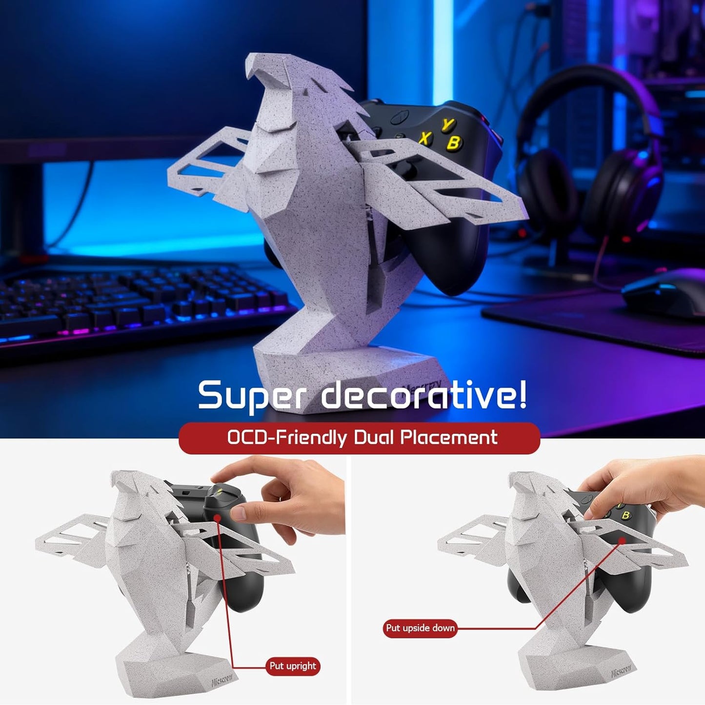 Controller Holder for Xbox/PS/Switch – Monument Marble-Style Eagle Stand, Auto-Spreading Wings, Dual Placement, Scratch-Free Curved Tail Design