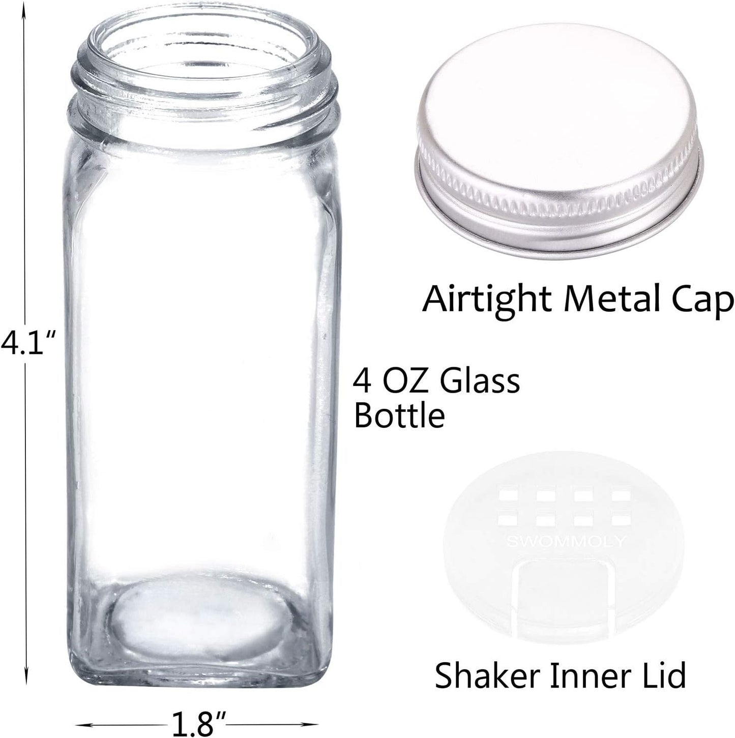 SWOMMOLY 30 Glass Spice Jars 4oz/Square Spice Bottles with 703 Spice Labels, Empty Spice Containers with Pour/sift Shaker Lid, Airtight Cap, Chalk Marker and Funnel Complete Set