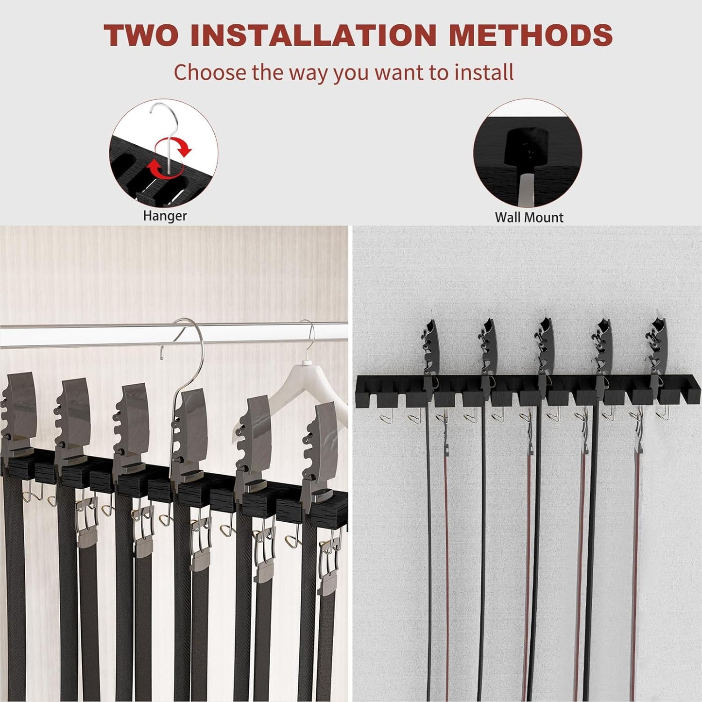 Belt Hanger for Closet Max 42 Belts, 2-in-1 Wall Mount Belt Organizer with 360° Rotating Hooks, Wooden Tie and Belt Rack for Closet Accessories Organizers and Storage, Black