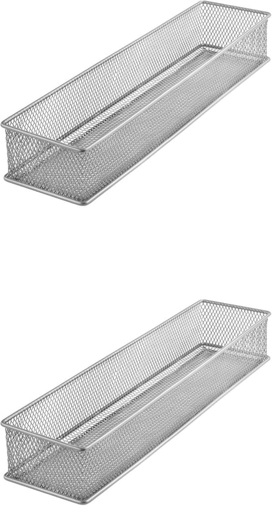 YBM HOME Silver Mesh Drawer Cabinet and or Shelf Organizer Bins, School Supply Holder Office Desktop Organizer Basket (2, 3x15x2 Inch)