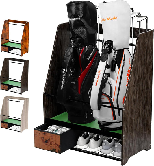Golf Bag Organizer Rack – Large Wooden Golf Storage for 2 Bags, Clubs & Accessories with Dustproof Drawer, Sports Equipment Rack for Garage, Practice Room, Home or Office (Black)