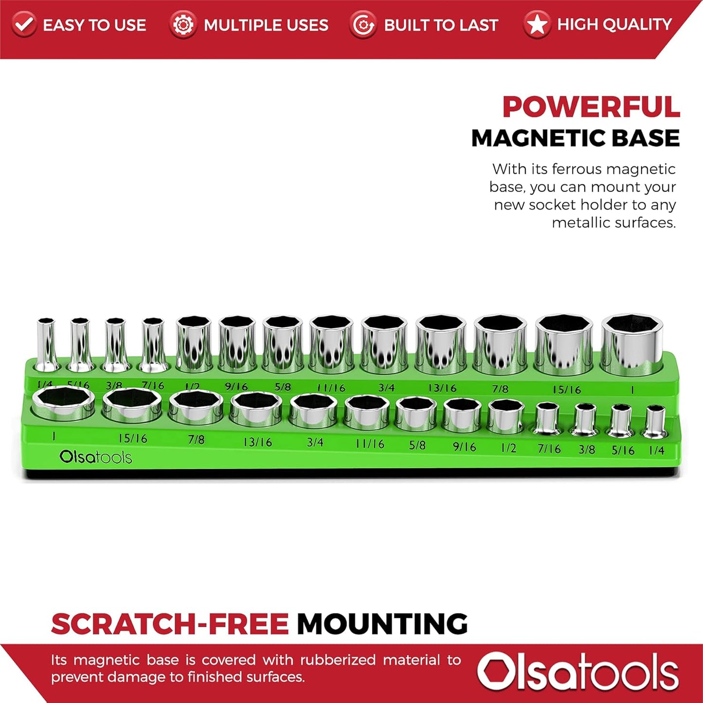Olsa Tools Magnetic Socket Organizer | 3/8-inch Drive | SAE | Green | Holds 26 Sockets | Professional Quality Tools Organizer