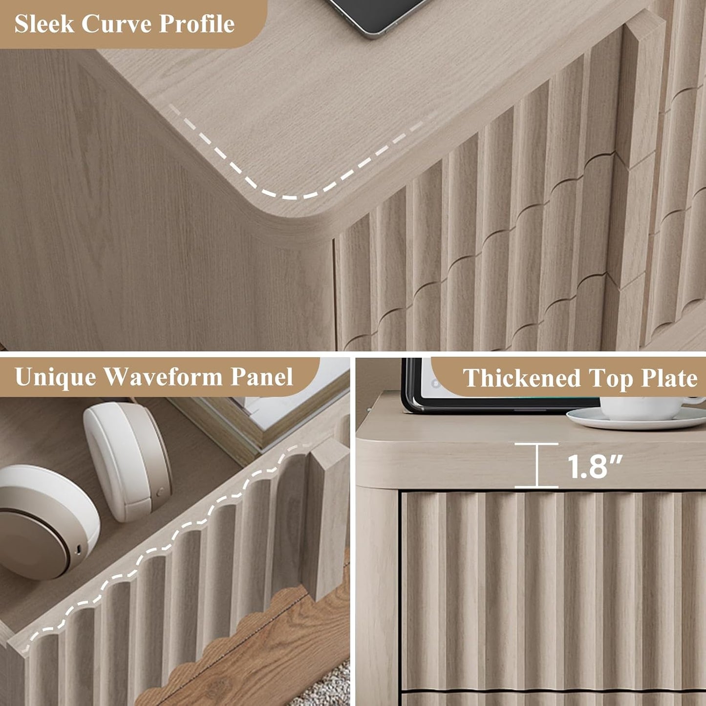 Fluted Nightstand with Charging Station, 23.6" Night Stand with Solid Wood Handle, Mid Century Modern Bedside Table End Table 3 Drawer Dresser for Bedroom, Living Room, White Alder