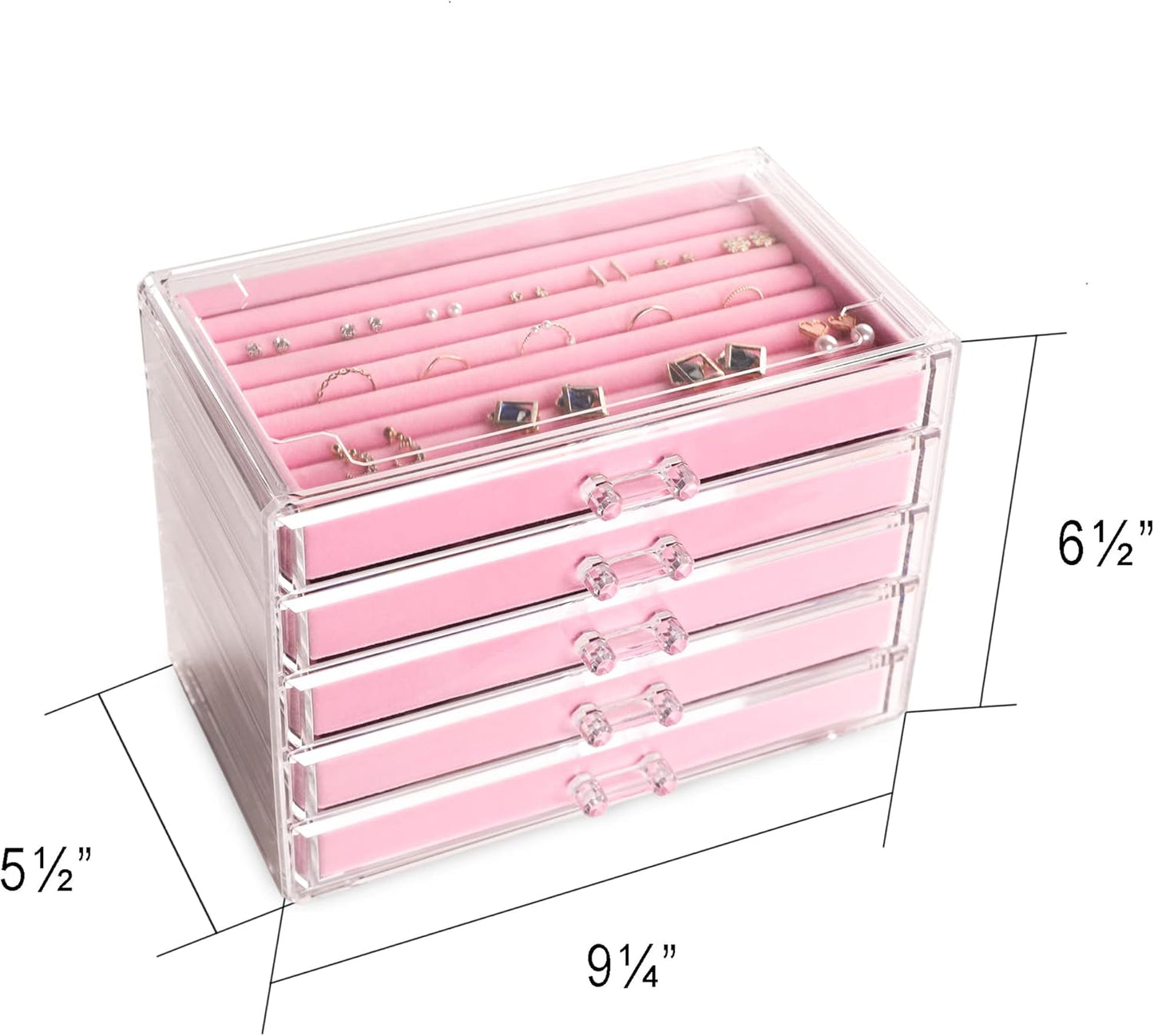 Frebeauty Extra Large Acrylic Jewelry Box for Women 5 Layers Clear Jewelry Organizer Velvet Earring Box with 5 Drawers Rings Display Case Necklaces Holder Tray for Women Girls(Pink)