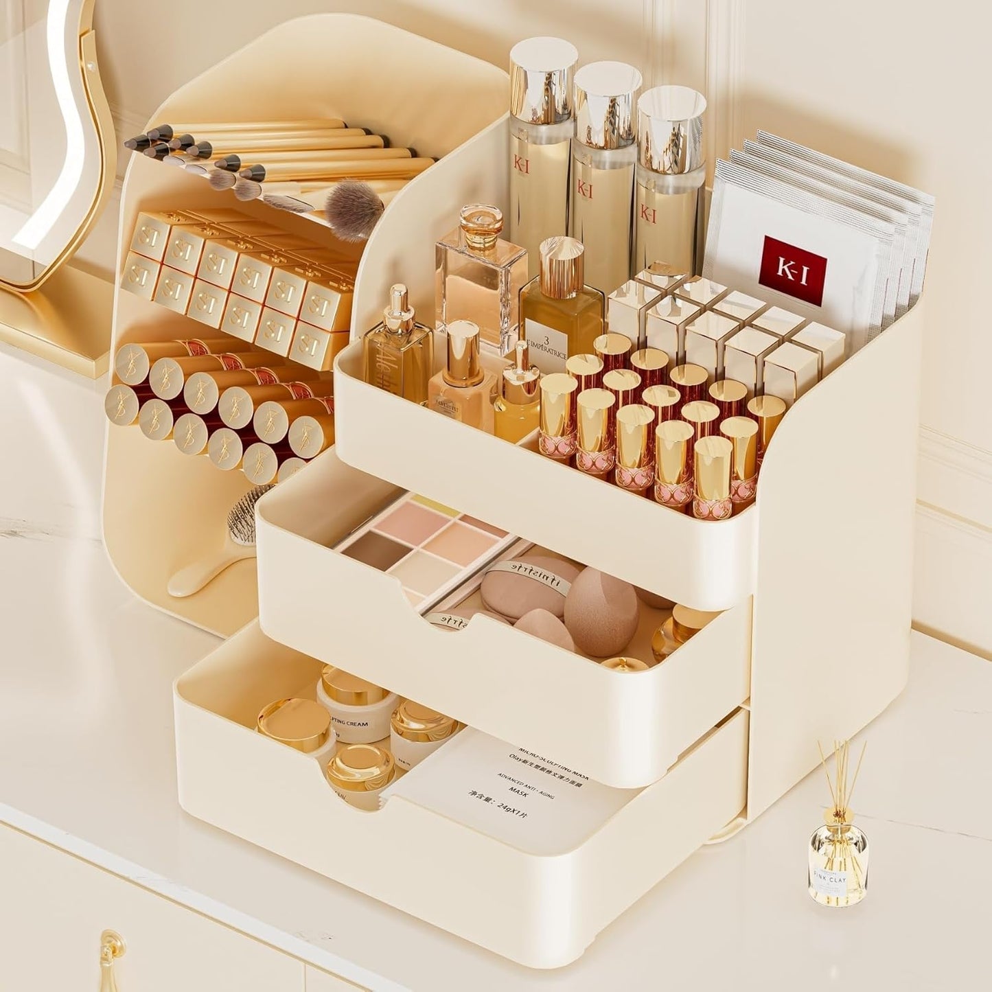 Makeup Organizer with Brush Holder for Vanity,Countertop Makeup Organizer with Drawers,Spacious Cosmetic Display Case,Perfect Storage Solution for Your Beauty Essential (All Cream, Large)