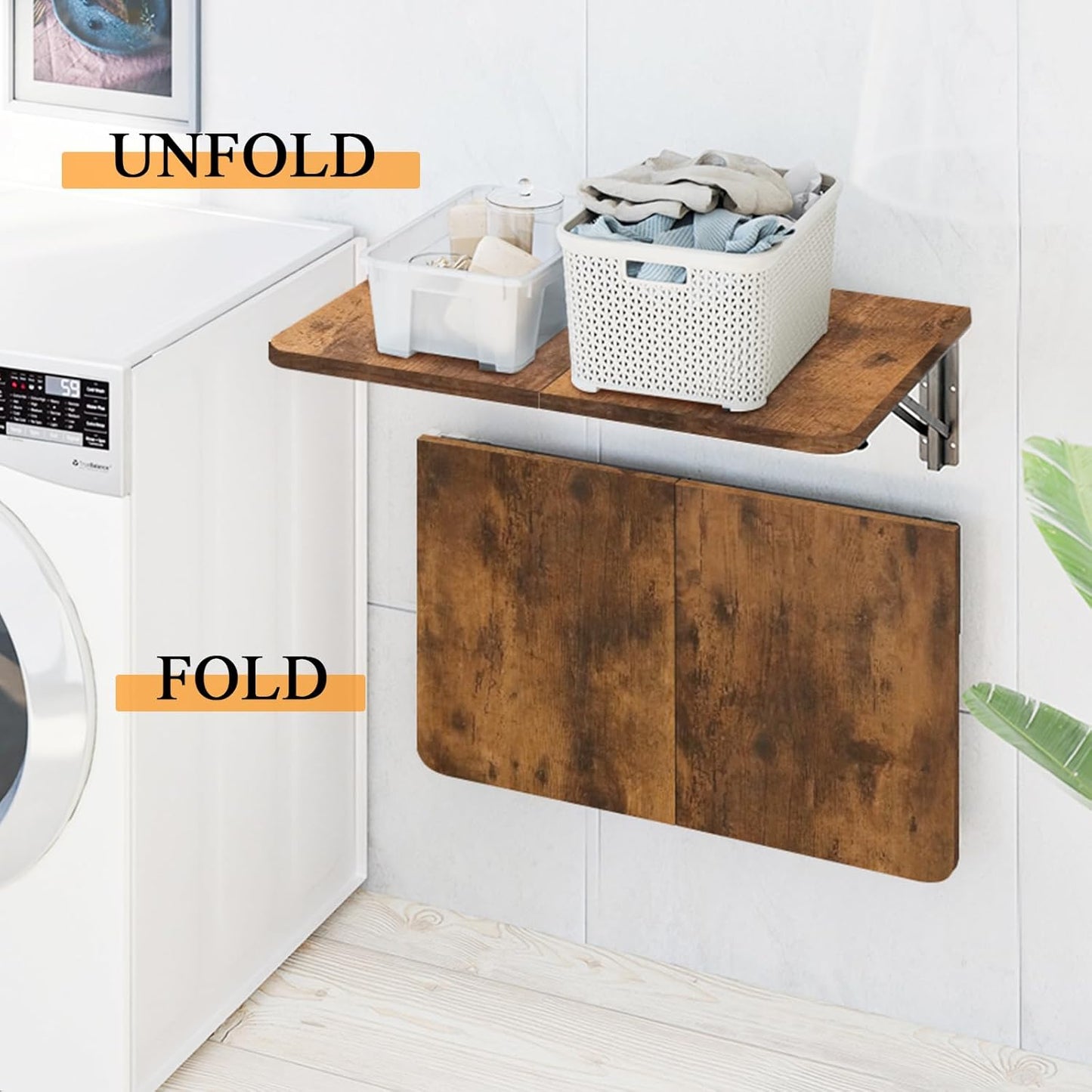 TEAMIX Wall Mounted Folding Table, Rustic Brown Floating Desk for Small Spaces Laundry Shelf with Heavy Duty Brackets Floating Desk for Garage, Utility Room, Kitchen, Laundry Room