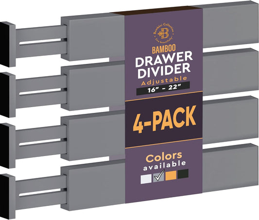 Bambüsi 4 Pack Drawer Dividers - 2.6" High, 16-22" Adjustable Bamboo Drawer Organizers for Clothes, Expandable Dresser Separators in Bedroom/Bathroom/Kitchen/Office Organization and Storage (Grey)