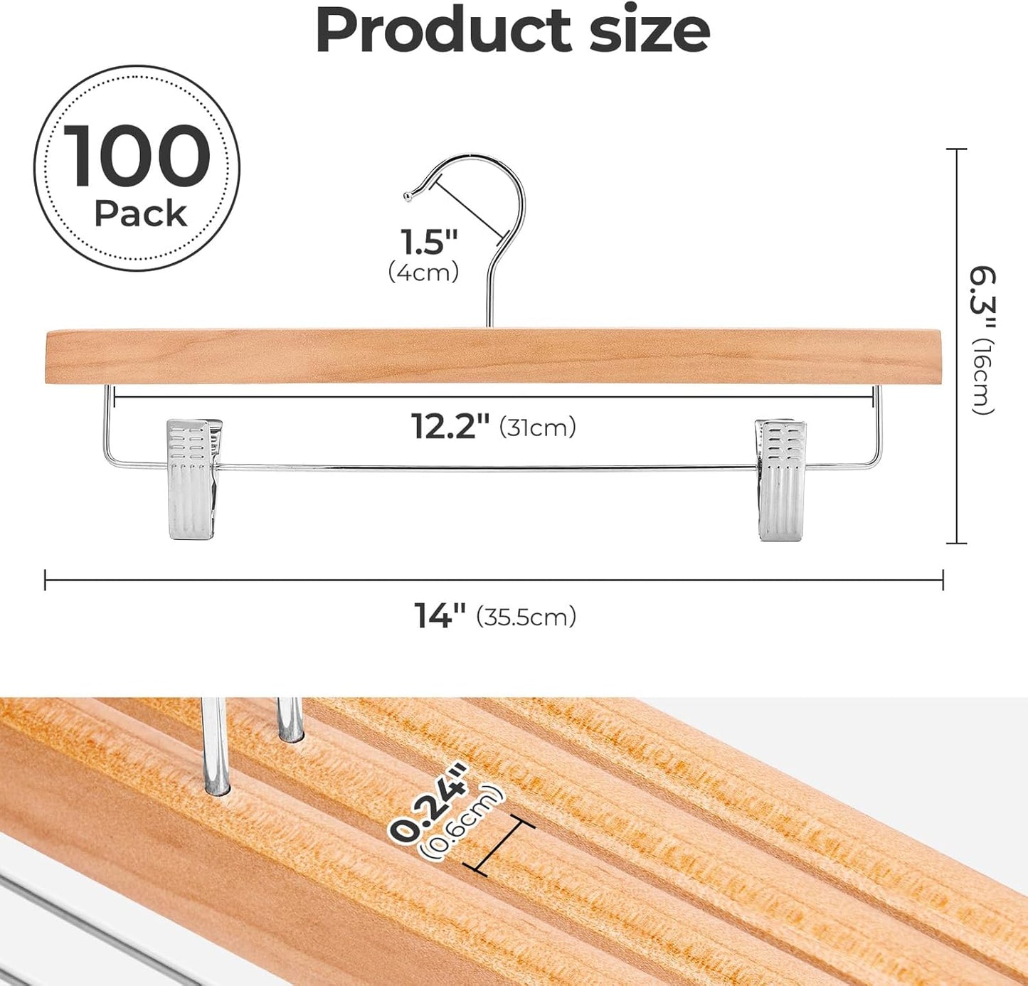 HOUSE DAY Premium Wooden Pants Hangers 100 Pack, Solid Lotus Wood Skirt Hangers with 2-Adjustable Clips, Heavy Duty & Anti Slip Wood Bottom Hanger for Slacks, Jeans, Trousers, Shorts (Natural)