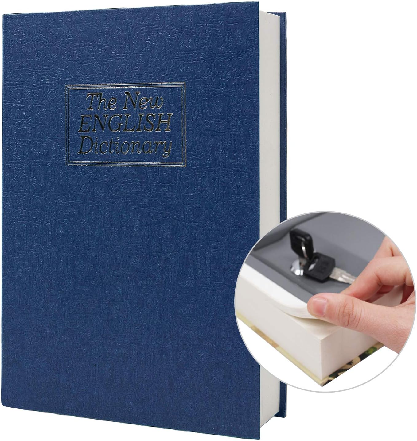 Real Paper Transfer Book Safe, Hollow with Secret Hidden Compartment, Key Lock, 8.7"×6"×2" (Blue Dictionary-Key)
