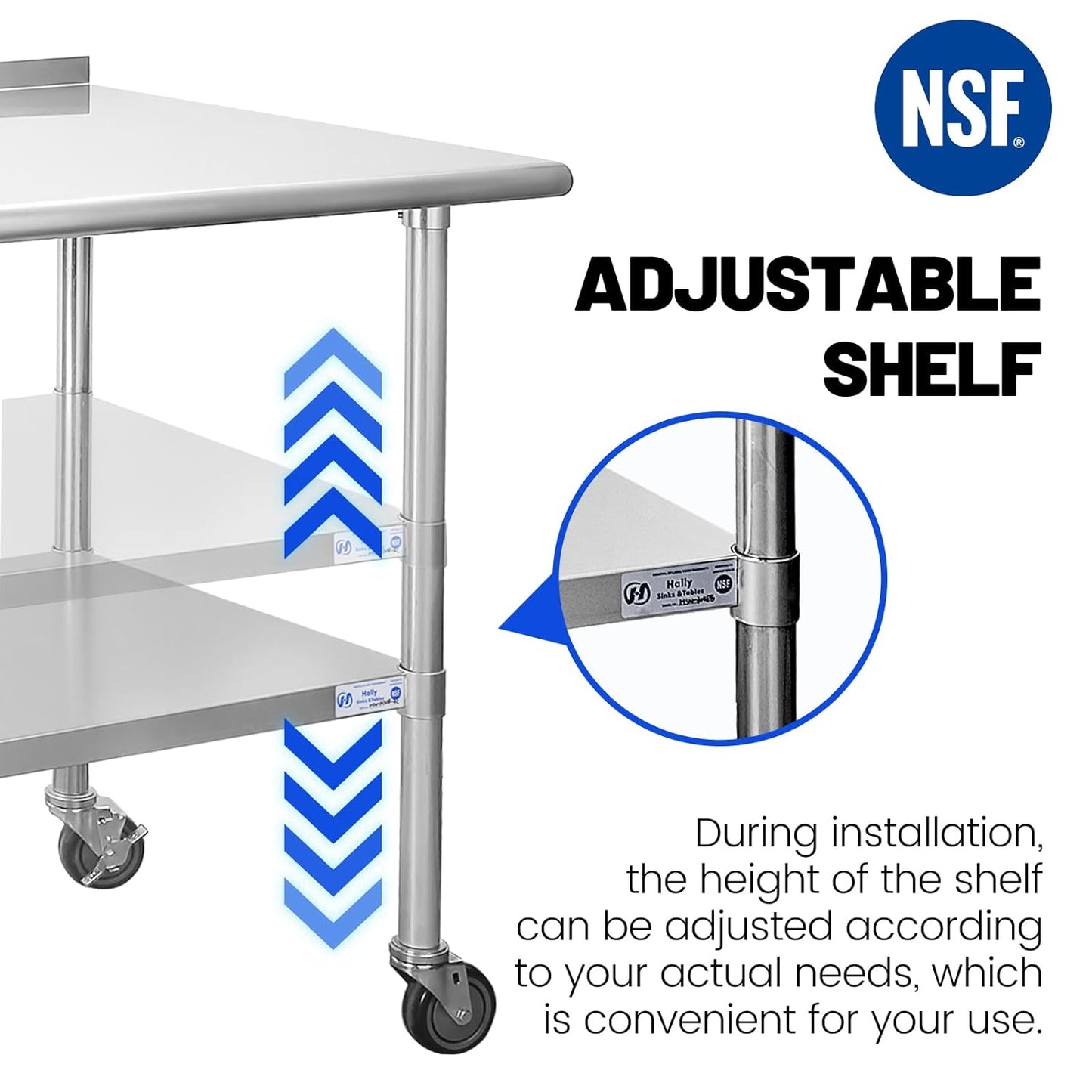 Hally Stainless Steel Table for Prep & Work 24 x 48 Inches with Caster Wheels, NSF Commercial Heavy Duty Table with Undershelf and Backsplash for Restaurant, Home and Hotel