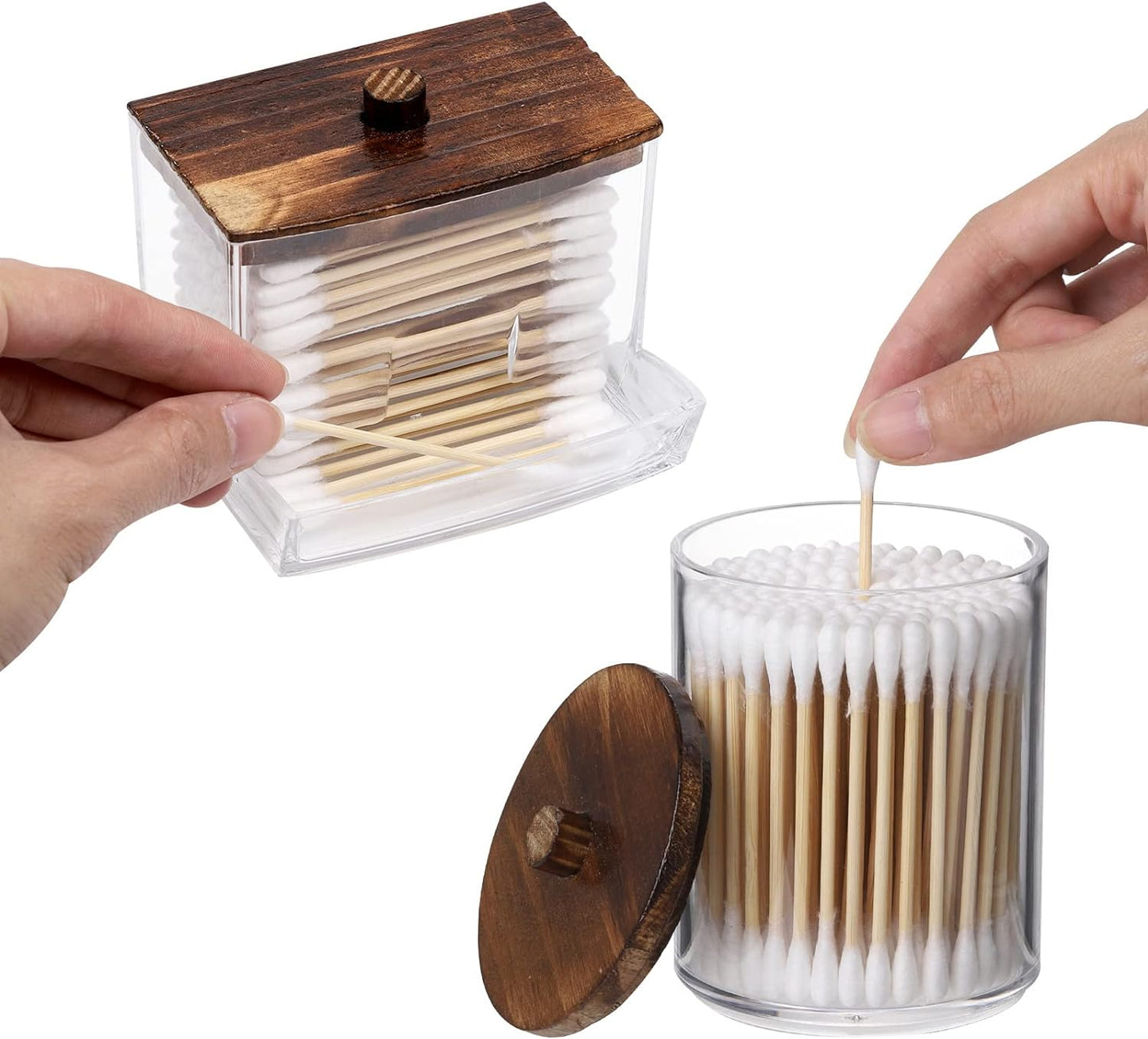 Tbestmax Qtips Holder Bathroom Container, 10 OZ Cotton Ball/Swabs Dispenser, Apothecary Jar Organizer for Storage Brown Wood Lids