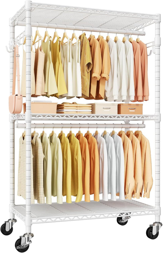 P1 Rolling Clothes Rack Heavy Duty, Metal Closet Clothing Rack with Lockable Wheels, Portable Wardrobe Closet for Hanging Clothes, 35.5" W x 15.7" D x 80.5" H, Hold 500lbs, White