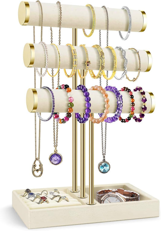 Flexzion 3 Tier Bracelet Holder Display Stand - Beige Velvet Bracelet Holder Organizer with Detachable T Bar - Jewelry Display Stand for Bracelets, Bangles, Necklace, Watches, Rings