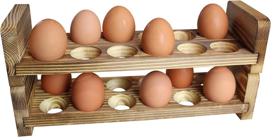 Expandable Stackable Wooden Egg Holder Countertop for 24 Eggs, Rustic Kitchen Decoration, Two-Piece Compact Egg Rack for Counter - Chicken Decor - Gui's Chicken Coop (Double Rack)
