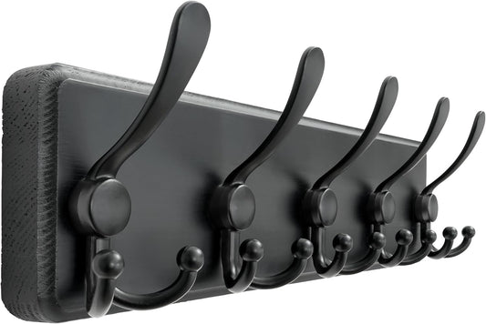Dseap Coat Rack Wall Mounted - 5 Tri Hooks, Heavy Duty, Wooden Wall Coat Hanger Coat Hook for Clothes Hat Jacket Clothing, Black