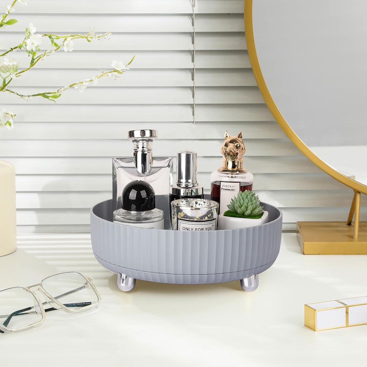Anyoifax Makeup Perfume Organizer Tray 360 Degree Rotating Lazy Susan Skincare Lotion Organizer Spinning Cosmetics Storage for Dresser, Vanity, Bathroom Countertop, Small Grey