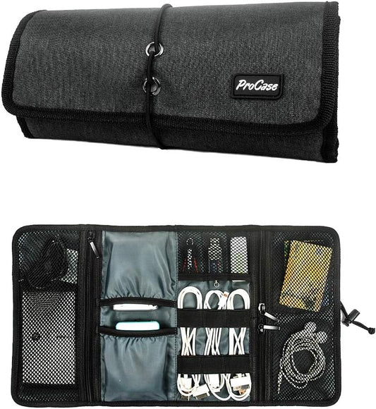 ProCase Electronic Organizer Cord Pouch, Travel Cable Charger Phone Accessories Bag Organizer Roll up Tech Carrying Case for USB Cables SD Memory Cards Earphone Flash Hard Drive –Black