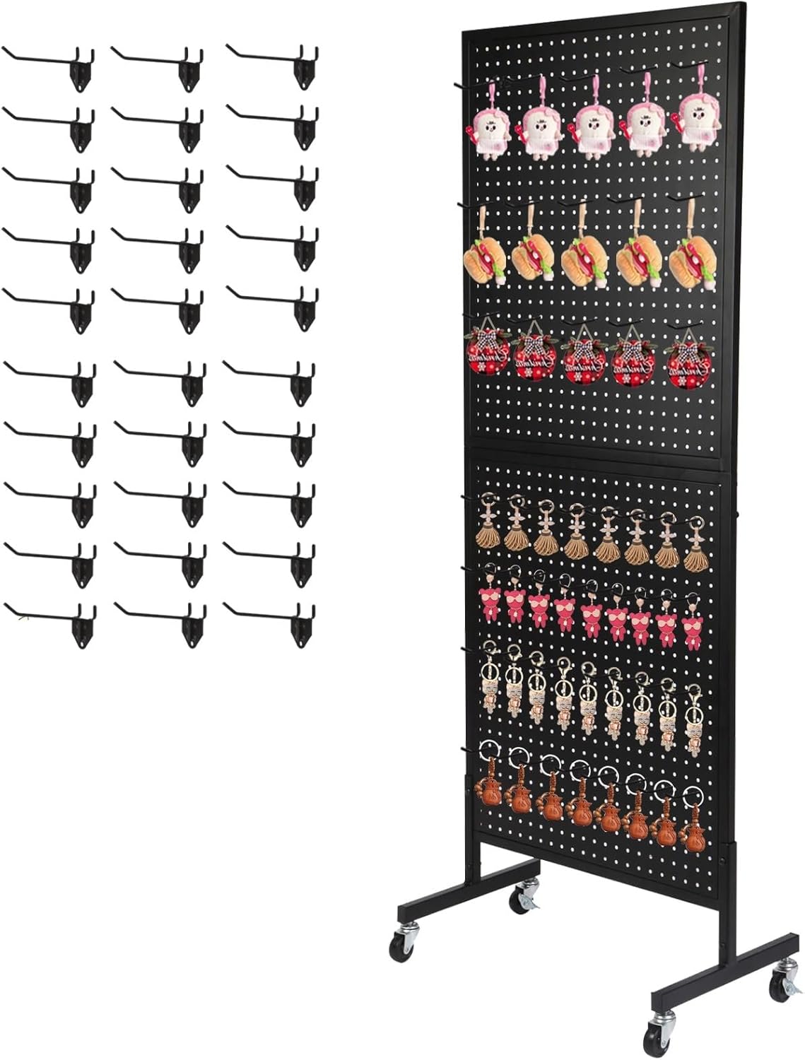 Eastern Tree Metal Pegboard Display Stand 2'x 5'with 30 Hooks, Pegboard Panels Display with Wheels, Peg Board Display Rack, Standing Pegboard Display- Black