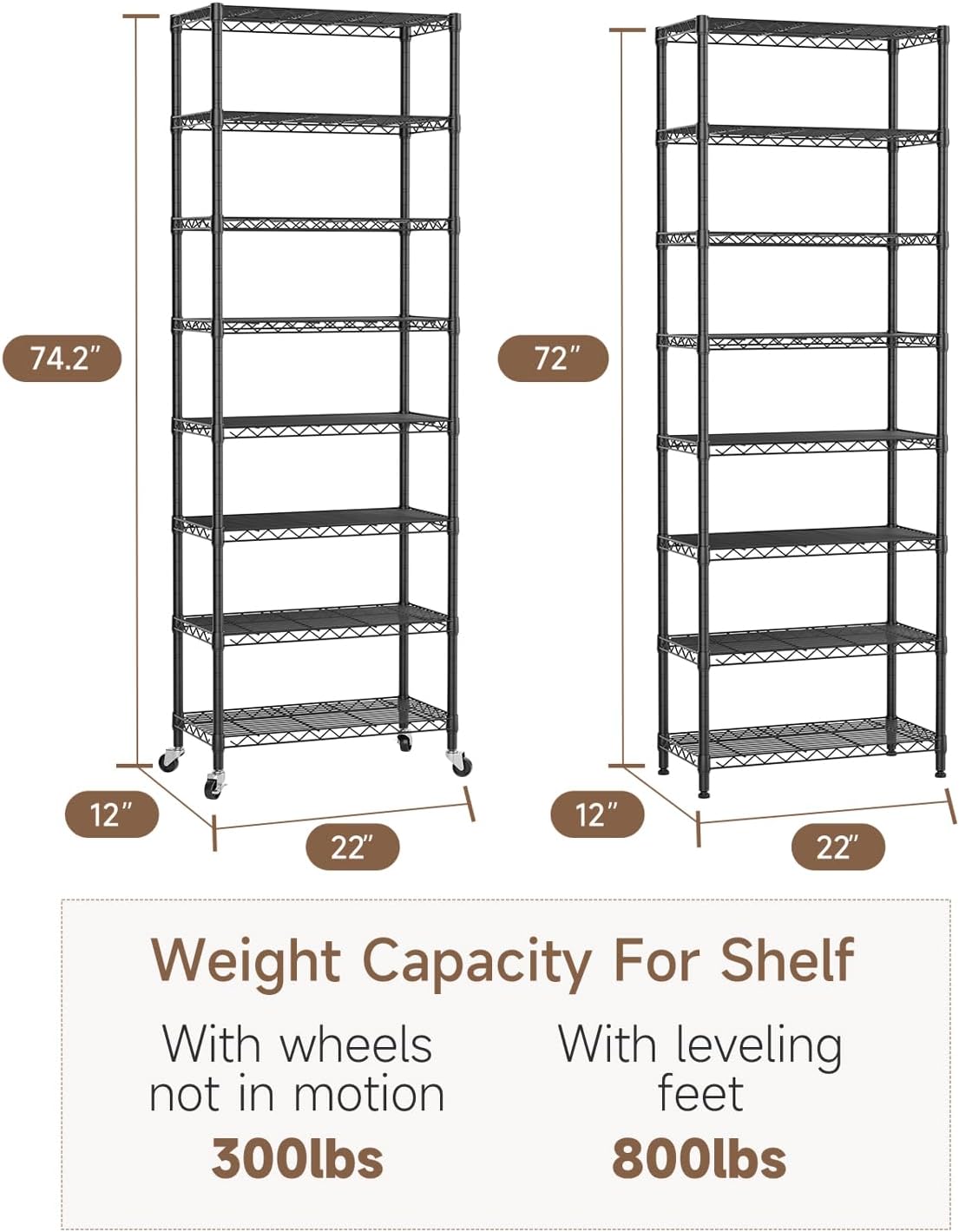 8 Tier Shelves Storage Shelf Wire Closet Bathroom Organizers Metal Pantry Kitchen Garage Shelving Unit Laundry Room Organization Home Rack Net Basket Black with Wheels 12”D X 22”W X 74.2”H