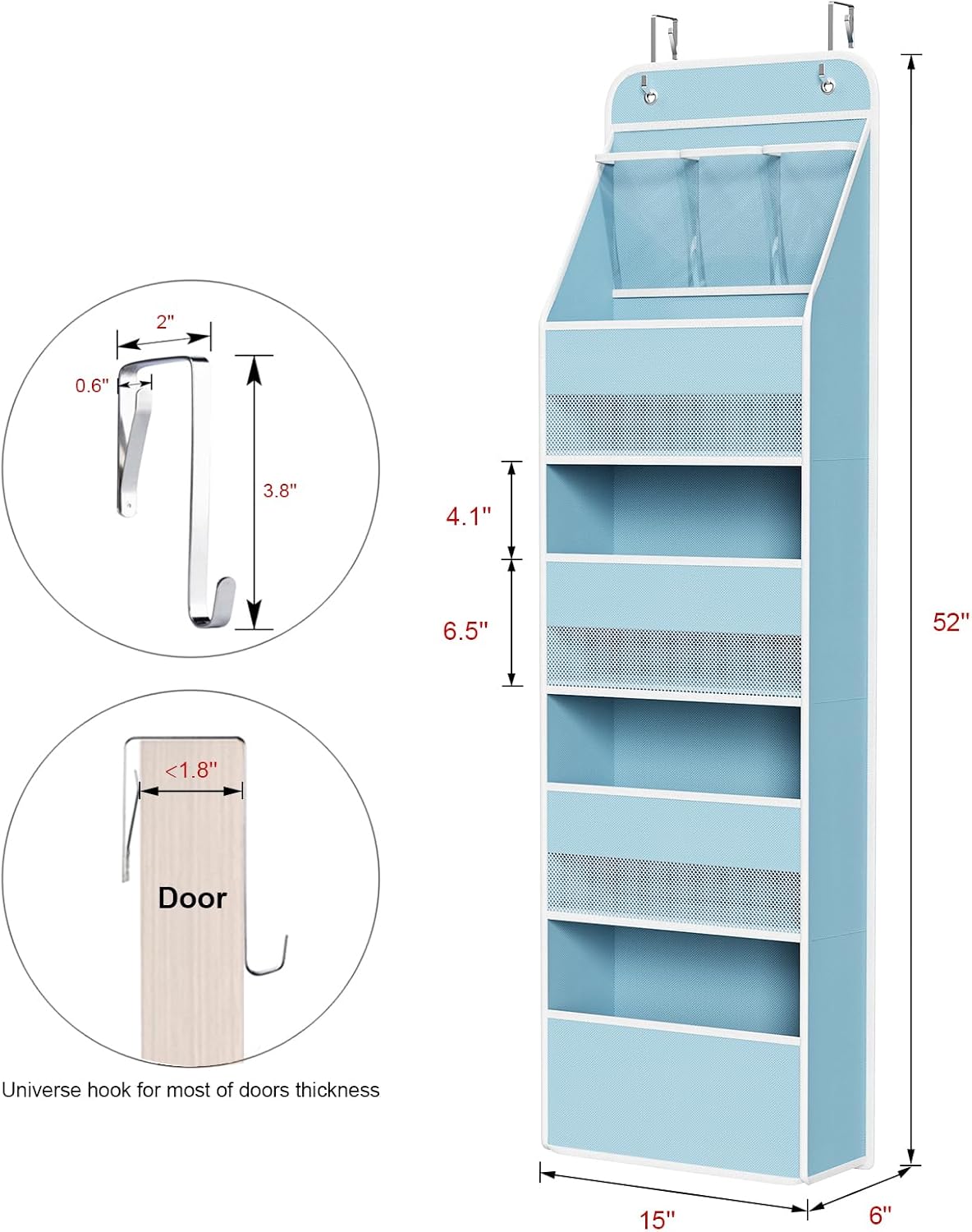 Univivi 5-Shelf Fabric Door Storage Over Door Hanging Organizer with 4 Large Pockets and 3 Small PVC Pockets Nursery Closet Cabinet Wall Mount Hanging Storage Organizers for Baby Nursery (Blue)