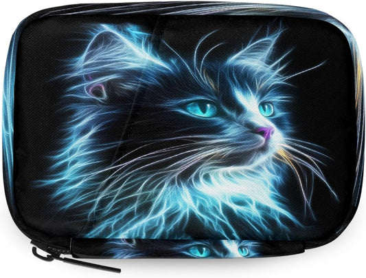 Abstract Art Neon Cat Pill Organizer Travel Medicine Case with Zipper Daily Vitamin Storage Bag Portable 8 Slot Weekly Pill Box Supplement Holder for Home Office Gym Travel