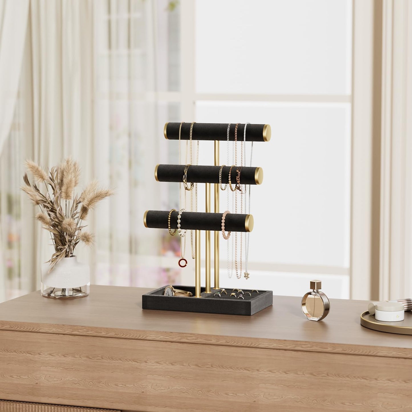 3 Tier Bracelet Holder Display - Detachable T Bar Black Velvet Bracelet Holder, Jewelry Holder Organizer for Bracelet, Necklace, Watches, Rings