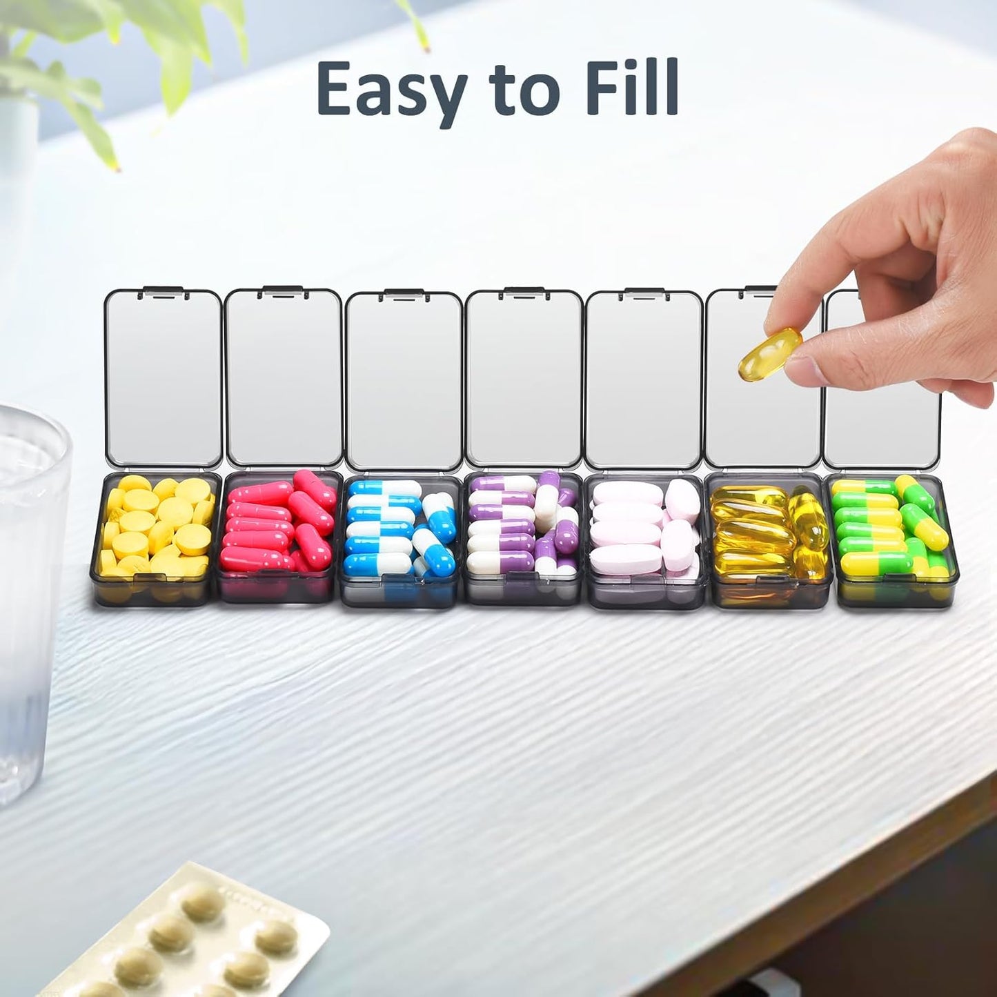 Fullicon Small Pill Case for Purse, Travel Medicine Pill Organizer, Weekly 7 Day Daily Pill Box, Pocket Pharmacy Pill Container Dispenser Holder with Labels (Black)