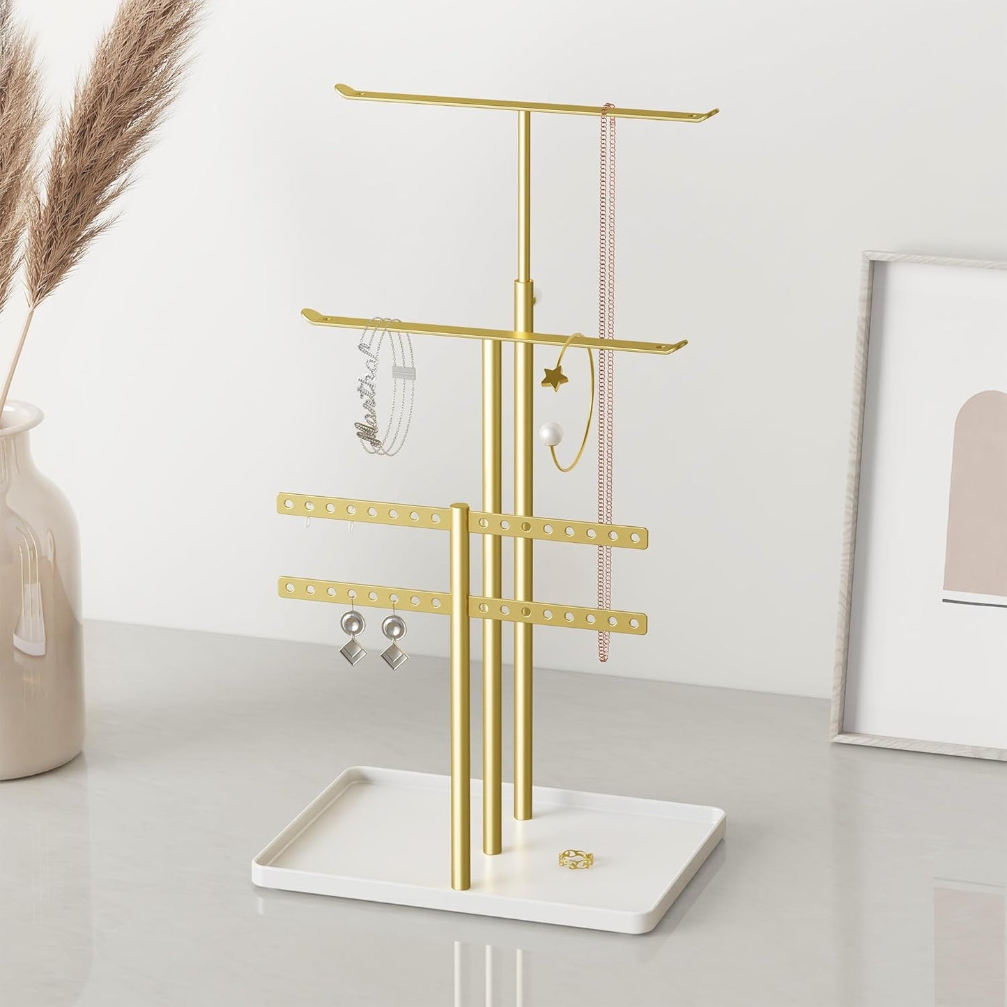 Jewelry Holder Organizer Stand - Adjustable Jewelry Tree 17.5" Height (Max), Jewlery Hanger for Necklaces, Bracelets, Earrings, Aesthetic for Storage and Display, Metal, Gold and White