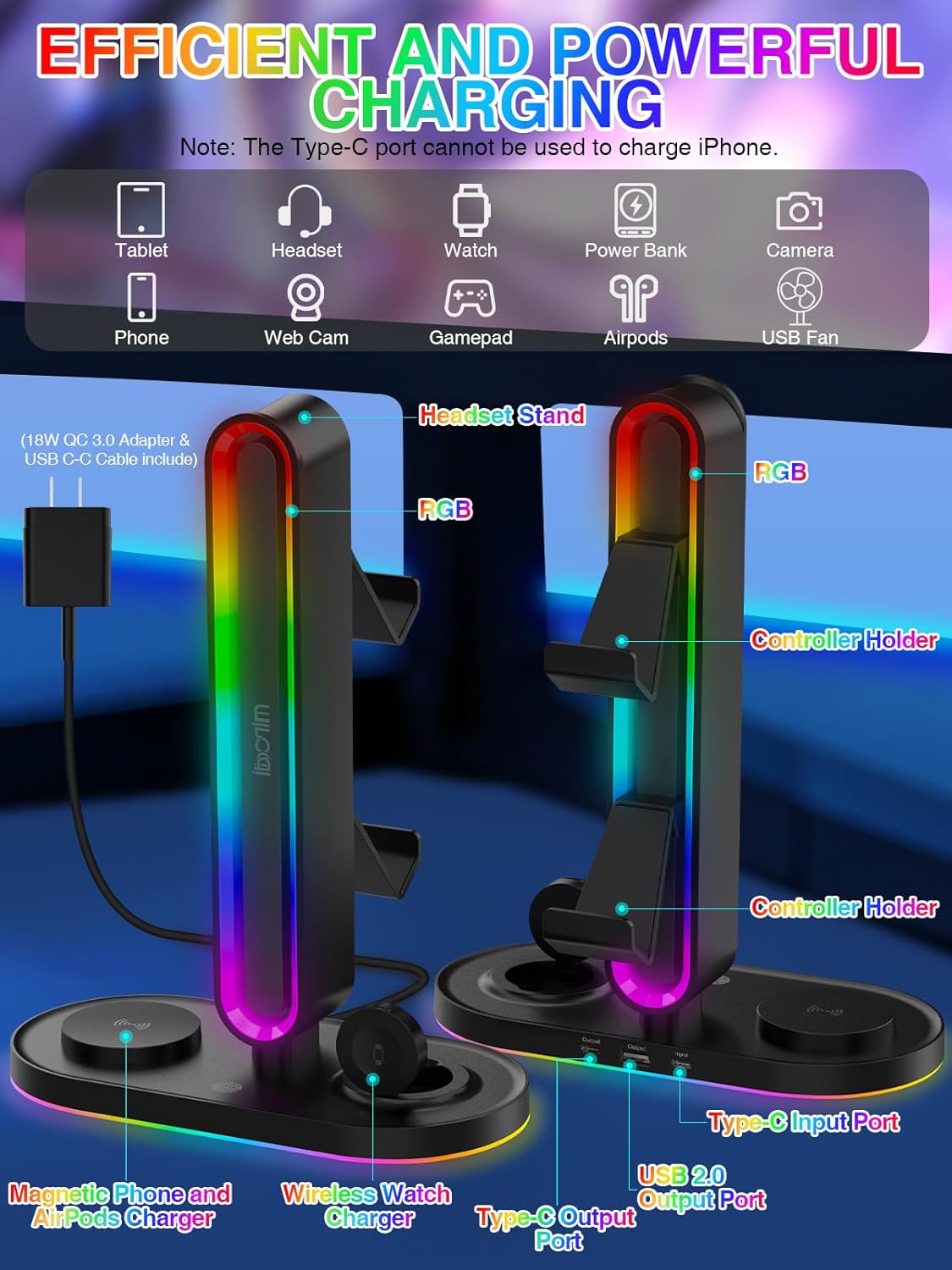 RGB Headset Stand with Wireless Charger, 8-in-1 Charging Station for iPhone, Samsung, Apple Watch Type-C/USB Ports, Gaming Headphone & Controllers Holder, Organizer for Desk Includes 20W PD Adapter