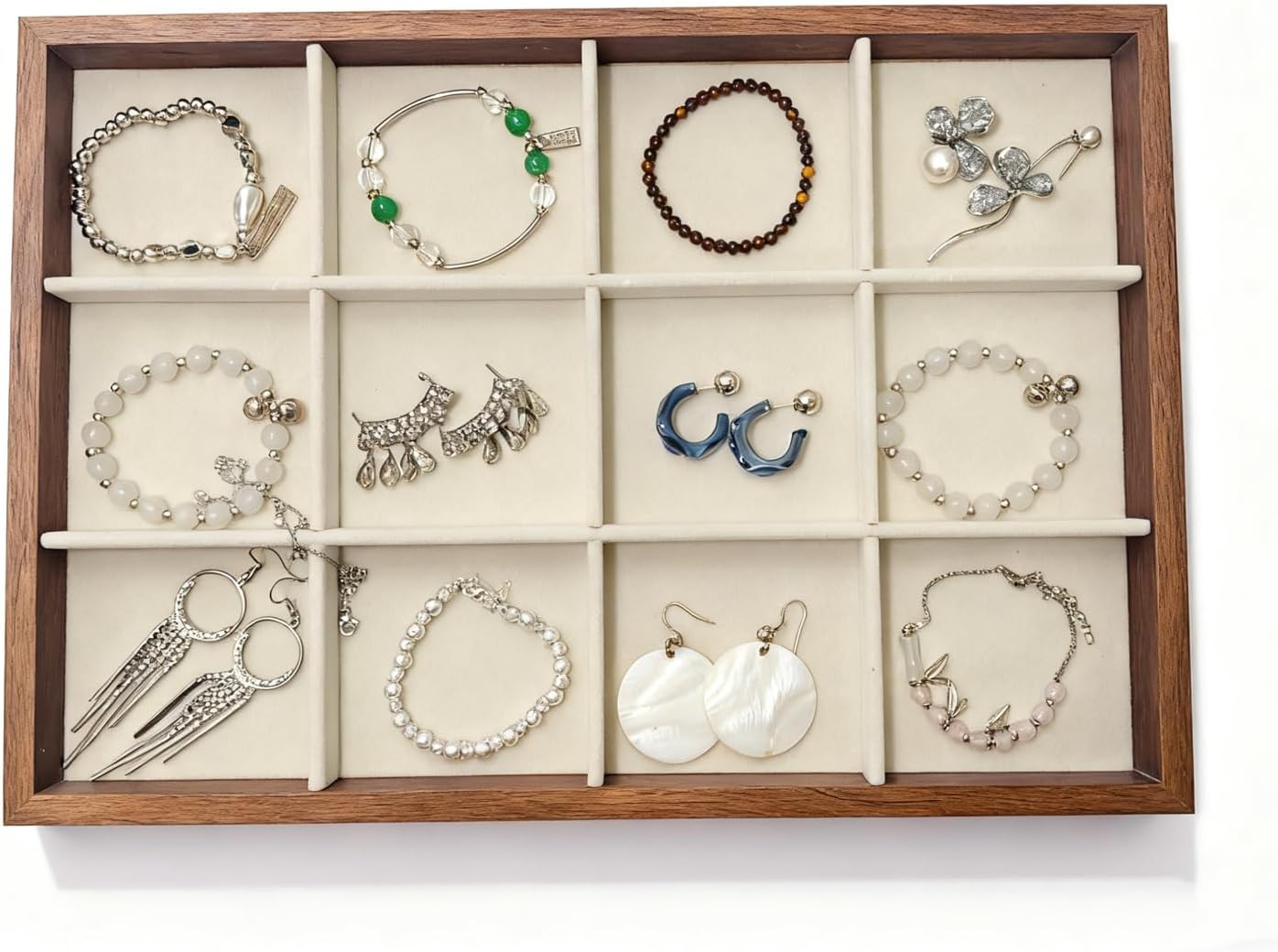 Large Jewelry Trays for Drawers Stackable Velvet Jewelry Display for Vendors Jewelry Drawer Organizer Inserts for Rings Necklace Bracelets Earrings and Studs Earring (Beige, 12 Grid)