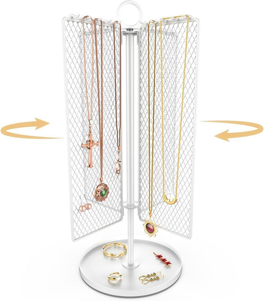 Rotating Necklace Holder Organizer, Necklace Storage Jewelry Stand, Metal Jewelry Stand with 40 Hooks for Necklace Earring Ring Bracelet Display Stand, Women Gifts - White