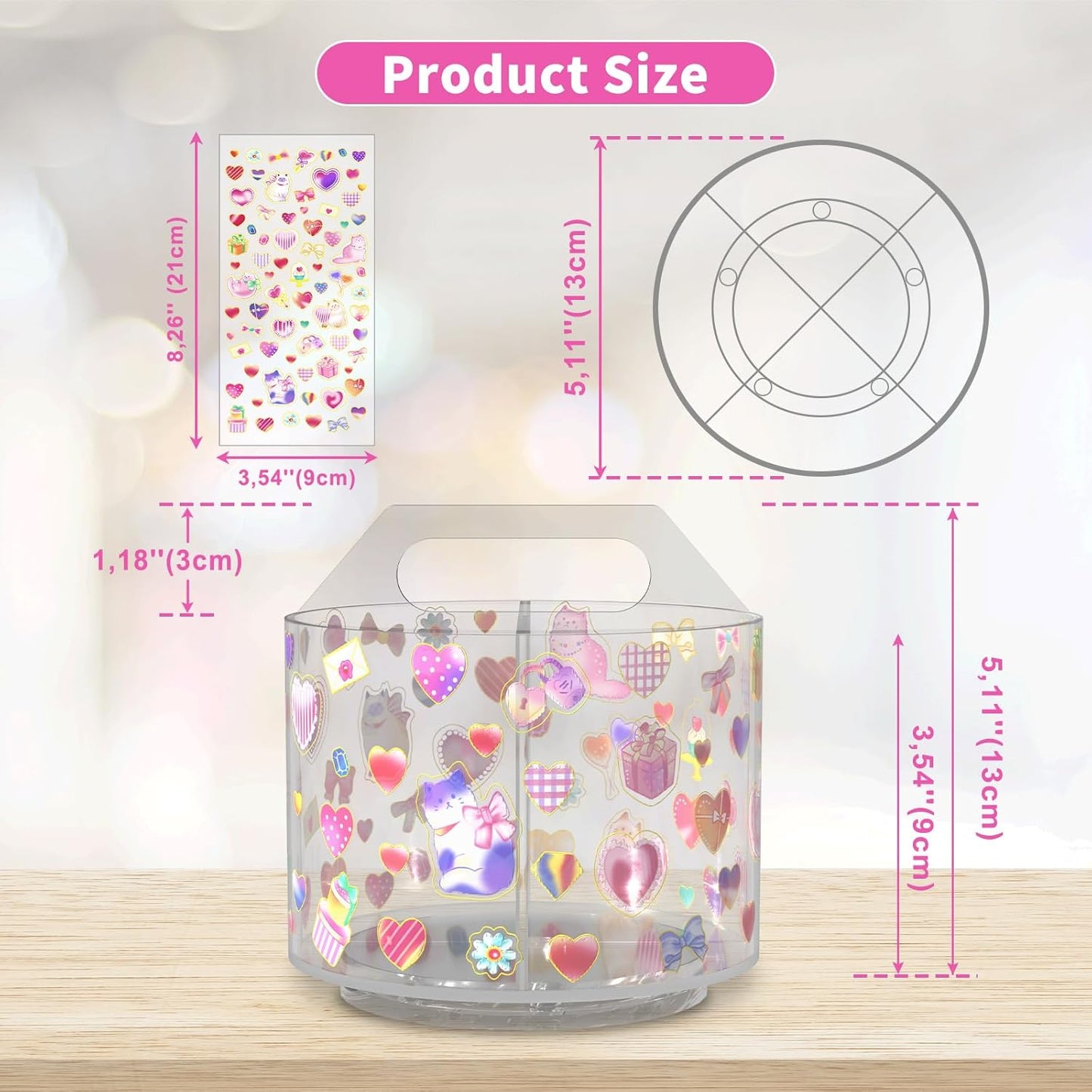 Acrylic Pencil Organizer for Desk 4 Compartments with Adhesive DIY Sticker, Rotating Art Supply Organizer with Kawaii Sticker Kids, Spinning Round Marker Small Supply Caddy
