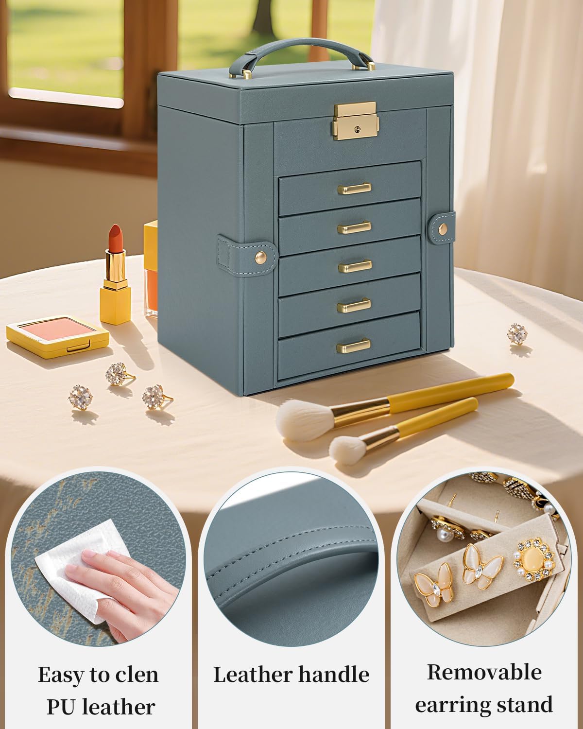 TORIBIO Large Jewelry Box for Women, Leather Jewelry Organizer with Mirror & Lock, 6-Tier Jewelry Storage Case for Girls/Women/Mothers, Necklace Earring Bracelets Holder Organizer, Grey Blue