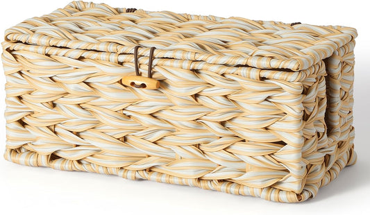 Delamu Handmade Synthetic Rattan Cable Management Box, Flat Weave Desk Organizer with Wire Management, Multi Purpose Cord Hider Box, 12.5" Lx 5.3" Wx 5.3" H, Natural & White