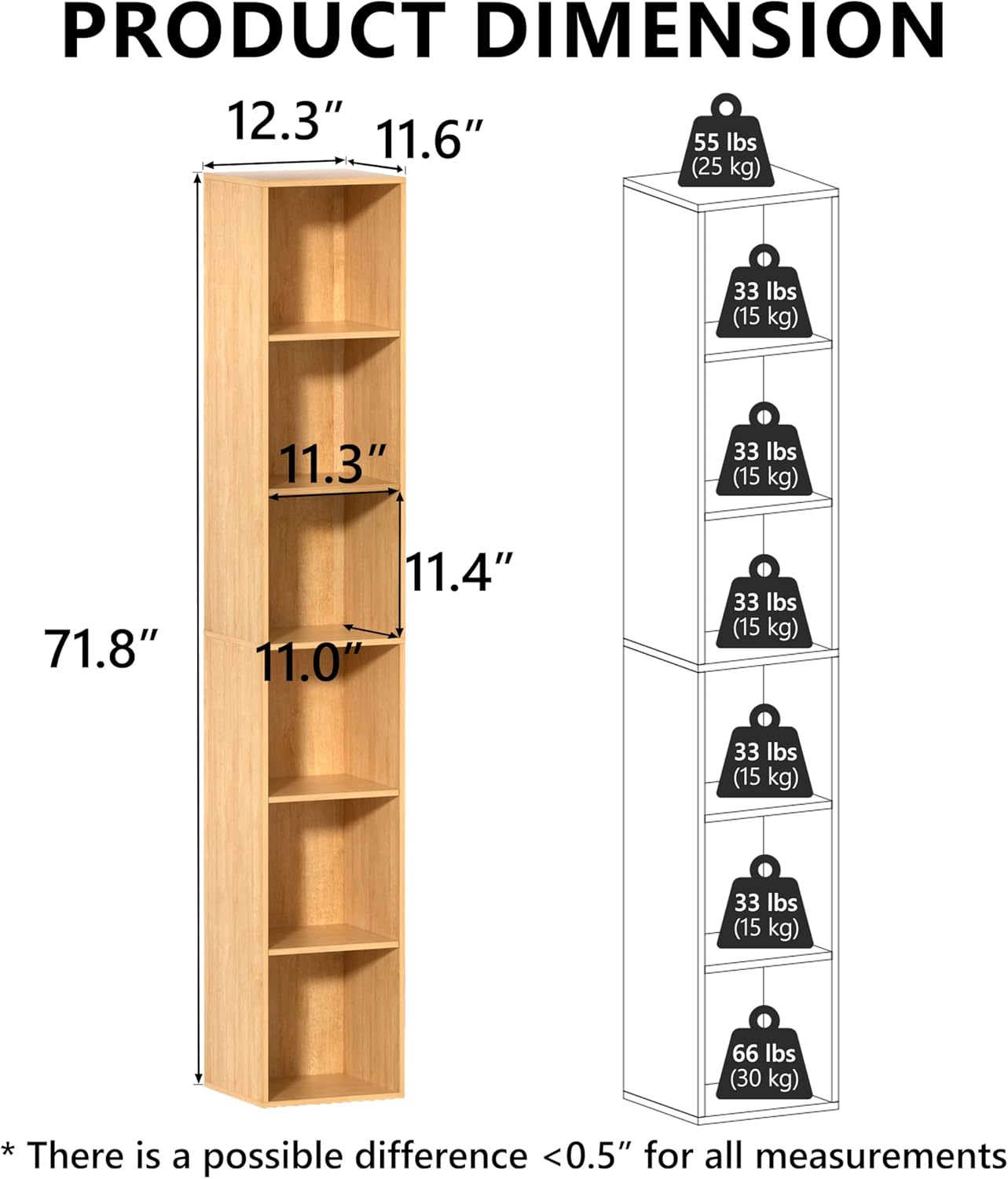 6 Cube Storage Organizer, 6 Tier Vertical Cube Bookcase Freestanding Storage Display Organizer for Home Office, Six Cubes Open Shelf Bookshelf (Oak, 6 Cube)