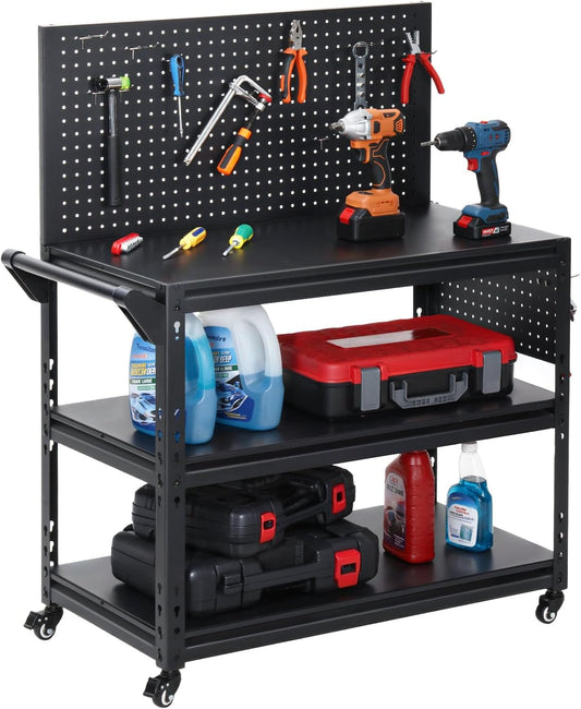 Workbench with Dual Pegboards 3-Tier Adjustable Rolling Work Table Heavy Duty Metal Tool Bench with Push Handle & Wheels Mobile Workstation for Garage, Workshop, Warehouse