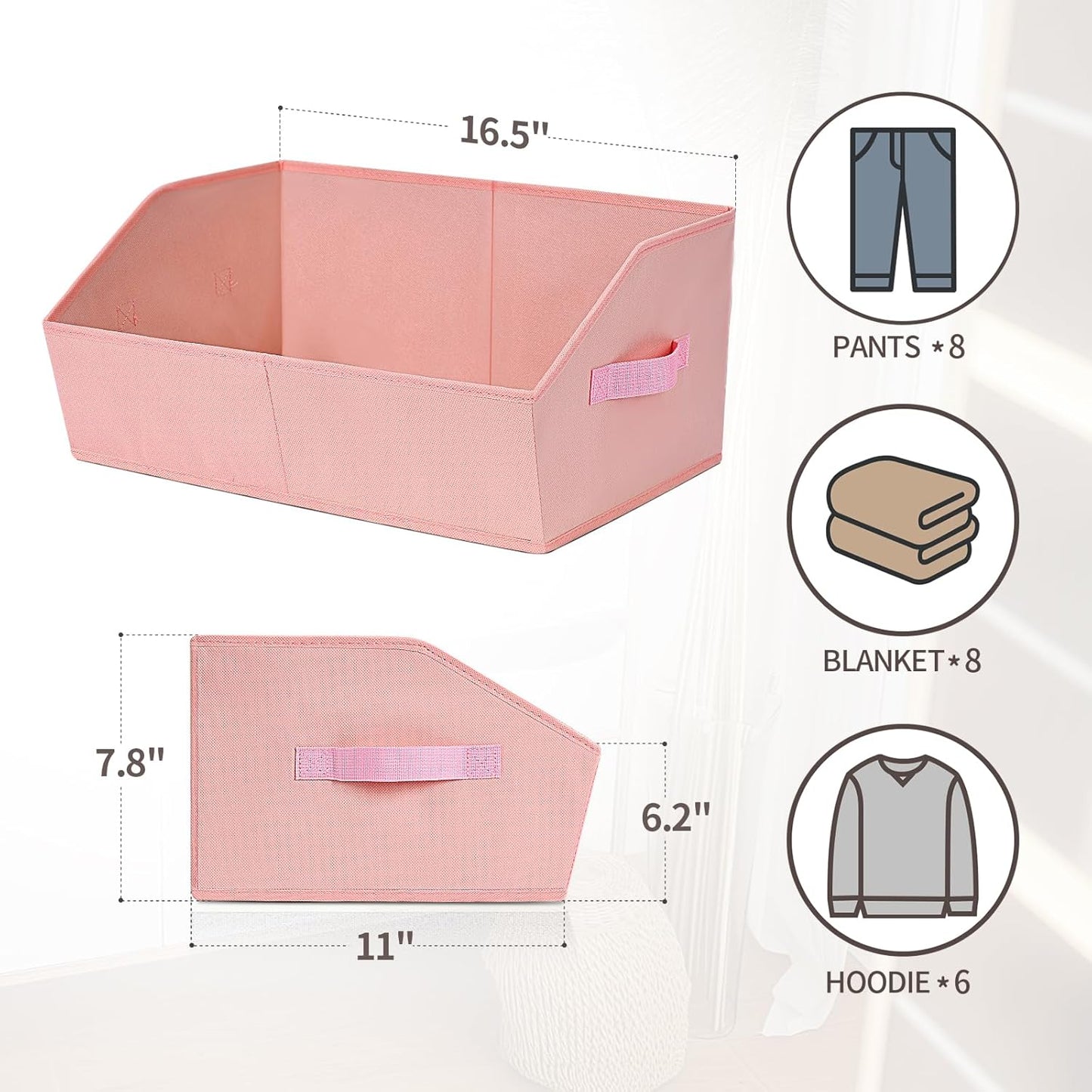 Closet Baskets for Shelves Trapezoid - Decorative Storage Baskets with Handle, Closet Bins for Organization, Shelf Storage Bins for Clothes, Books, Home, Office, 3 Pack, Pink
