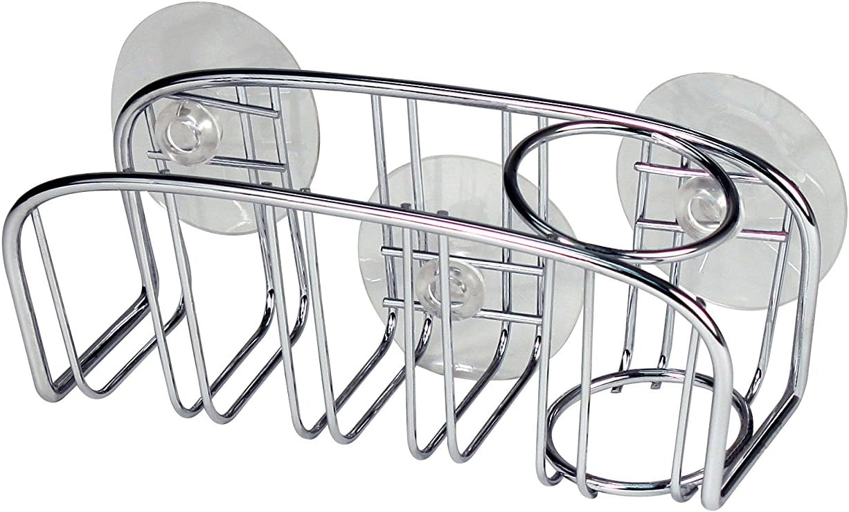 Spectrum 09370 Contempo Sponge & Brush Holder, Modern Sponge Holder & Kitchen Organizer, Vertical Scrub Brush Holder, Secure Suction Seals to Kitchen Sinks, Chrome