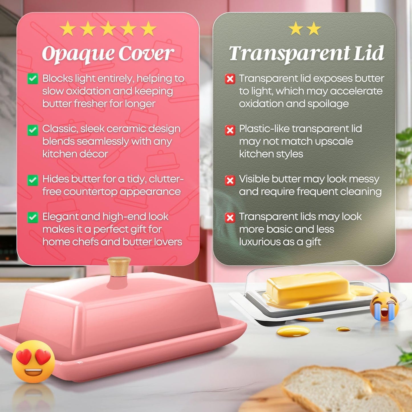 Flexzion Ceramic Pink European Butter Dish with Lid for Countertop (7 Inch) - Wide 2 Stick Double Butter Holder for Counter, Cream Cheese Container Storage Keeper