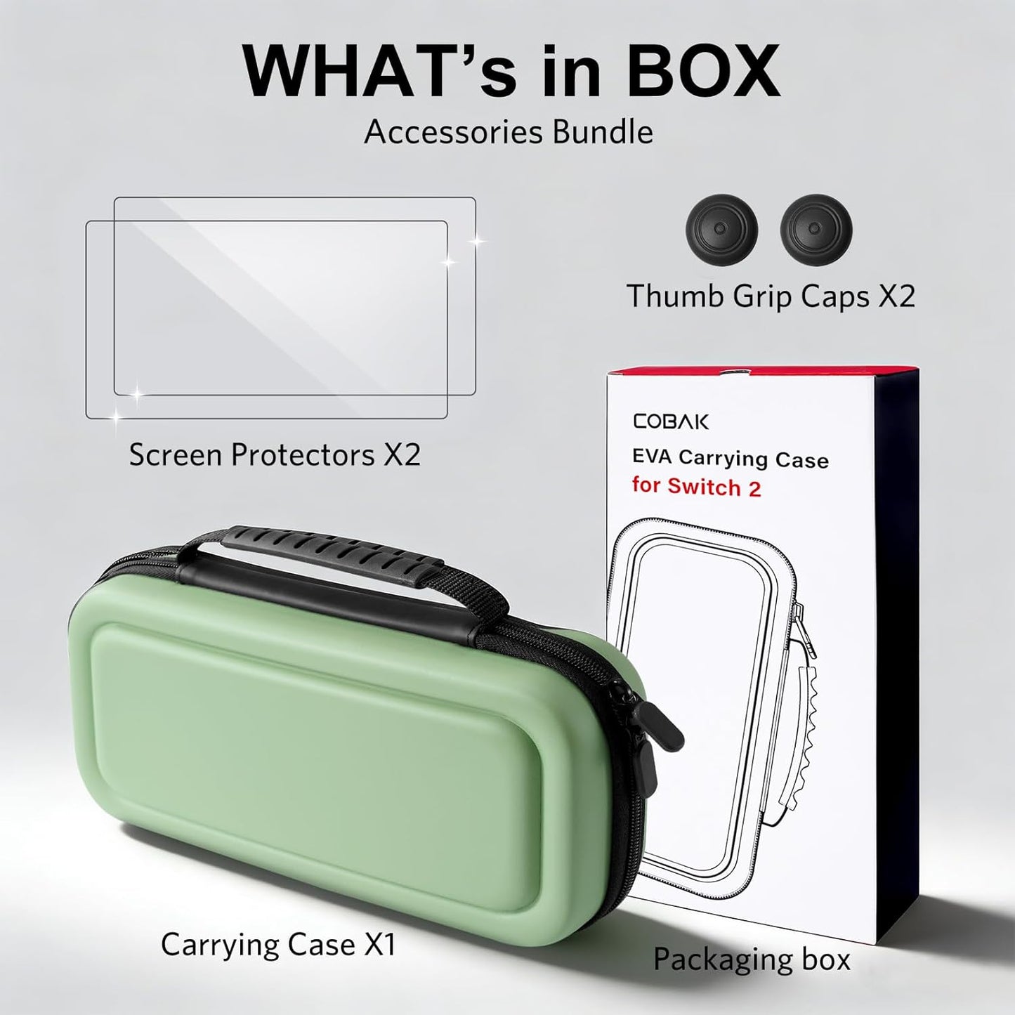 CoBak Large Capacity Carrying Case for Nintendo Switch 2 (2025) - 3 in 1 Accessories Bundle with 2 Screen Protectors, Thumb Grip Caps, 24 Game Cartridges, Hard Shell Portable Travel Pouch, Matcha