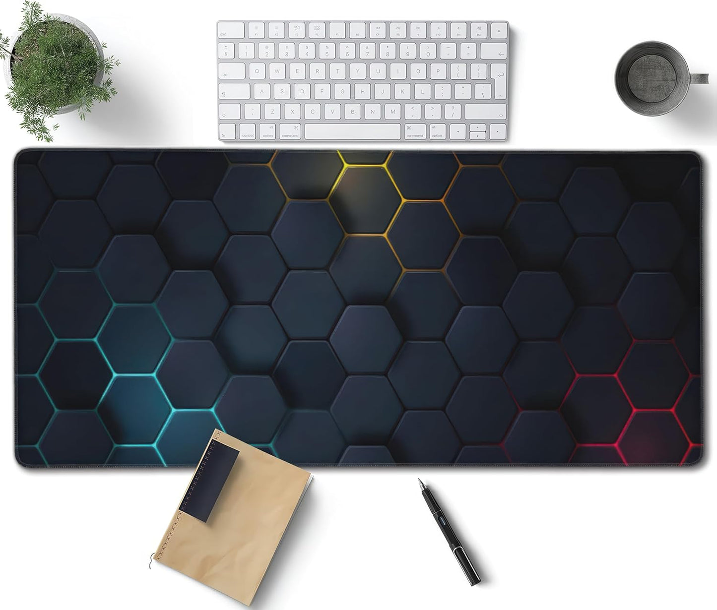 Cool Honeycomb Large Mouse Pad, Gaming Desk Mat, XXL Keyboard Desk Pad Mat for Desktop, 35.4"x15.7" Non-Slip Base Big Mousepad with Stitched Edges