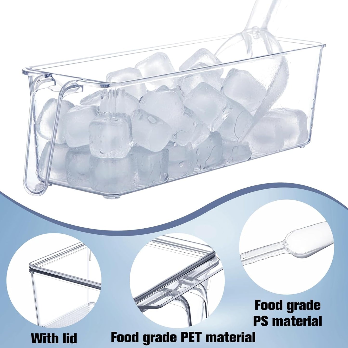 Havawish 4 Pcs Ice Storage Bin for Freezer with Lid and Flexible Scoop Set Plastic Ice Container with Lid Handle for Home Office Fridge Storage (12.4 x 3.94 x 3.94 Inches,Clear)