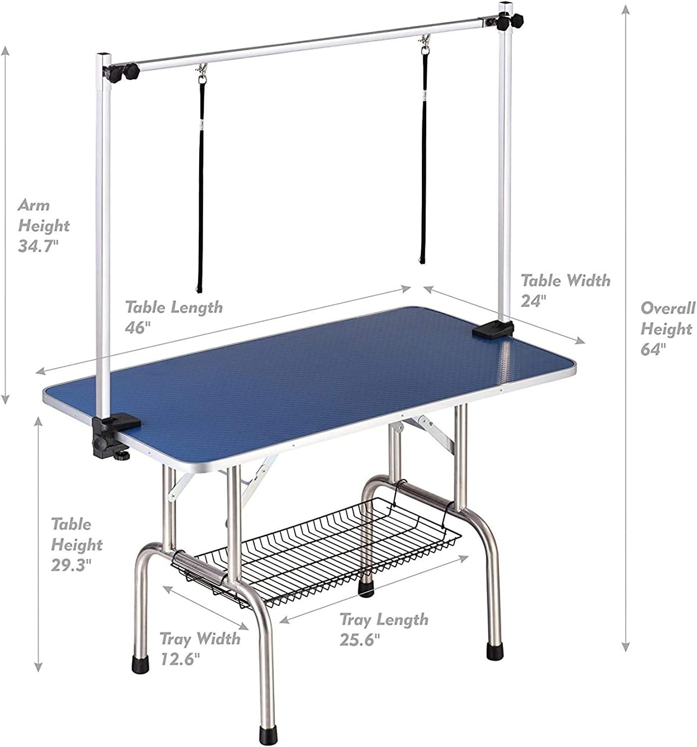 46" Dog Grooming Table Foldable Pet Grooming Tables with Adjustable Arm Noose Storage Mesh Tray Maximum Capacity Up to 330lbs Blue