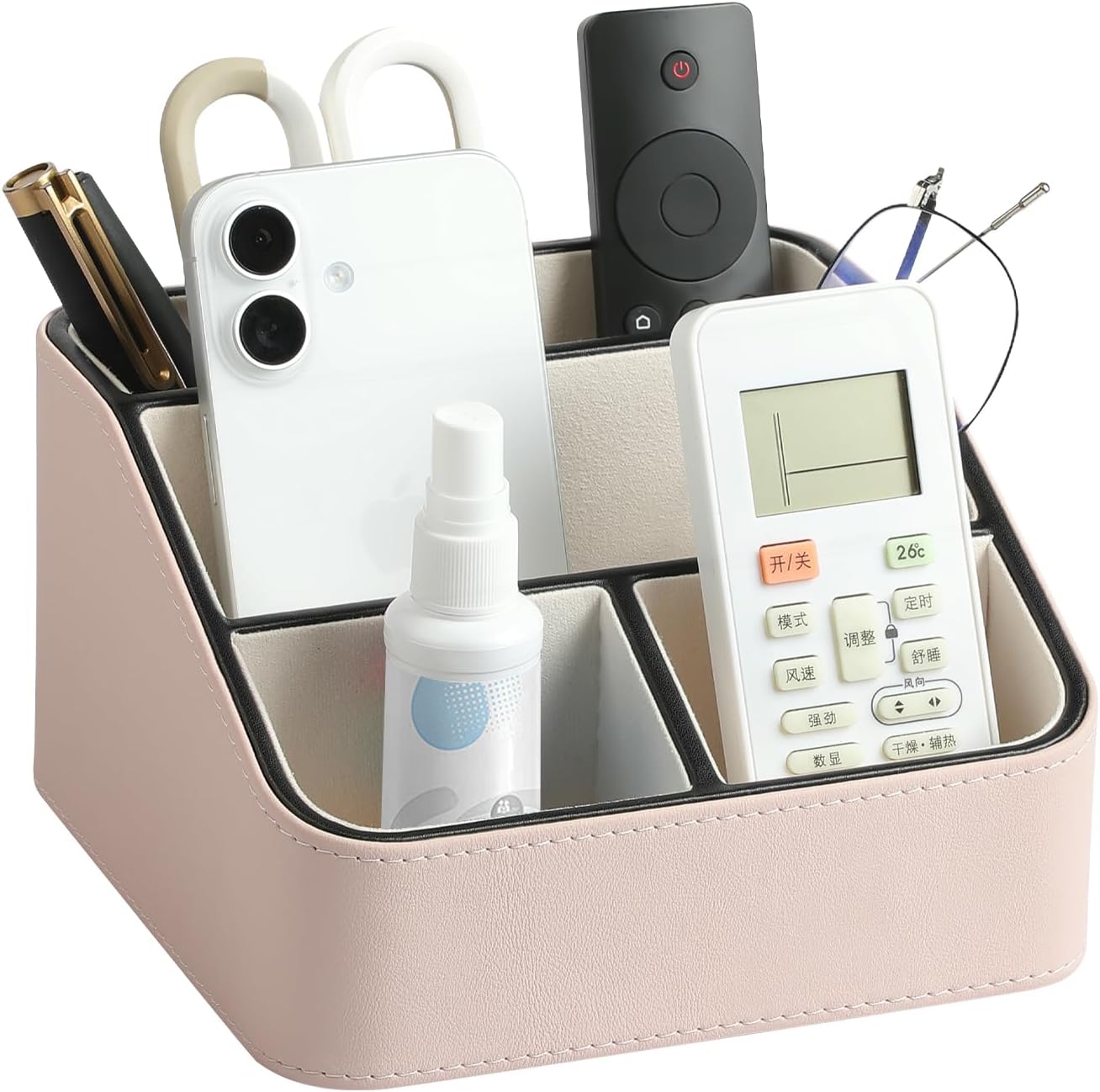 Remote Control Holder, PU Leather Small Desk Organizer with 4 Compartments, Nightstand Organizer Desk Caddy for Remote, Notepad, Phone, Glasses, and Accessories (Pink)