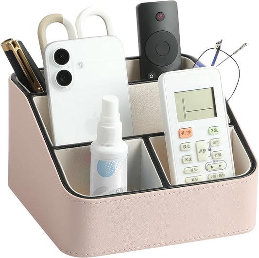 Remote Control Holder, PU Leather Small Desk Organizer with 4 Compartments, Nightstand Organizer Desk Caddy for Remote, Notepad, Phone, Glasses, and Accessories (Pink)
