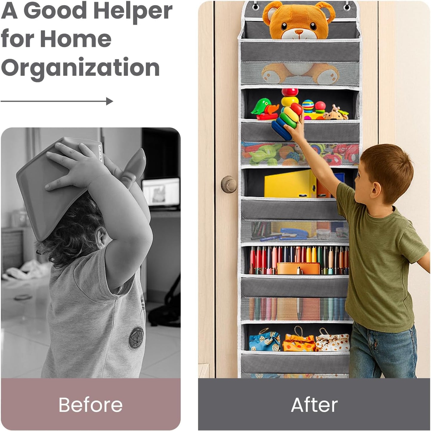 Over The Door Organizer with 8 Side Mesh Pockets, 44lb Weight Capacity Hanging Behind The Door Bathroom Organizers and Storage Suitable for Storing Toys, Shoes, Towels, Dark Grey, 5 Shelf