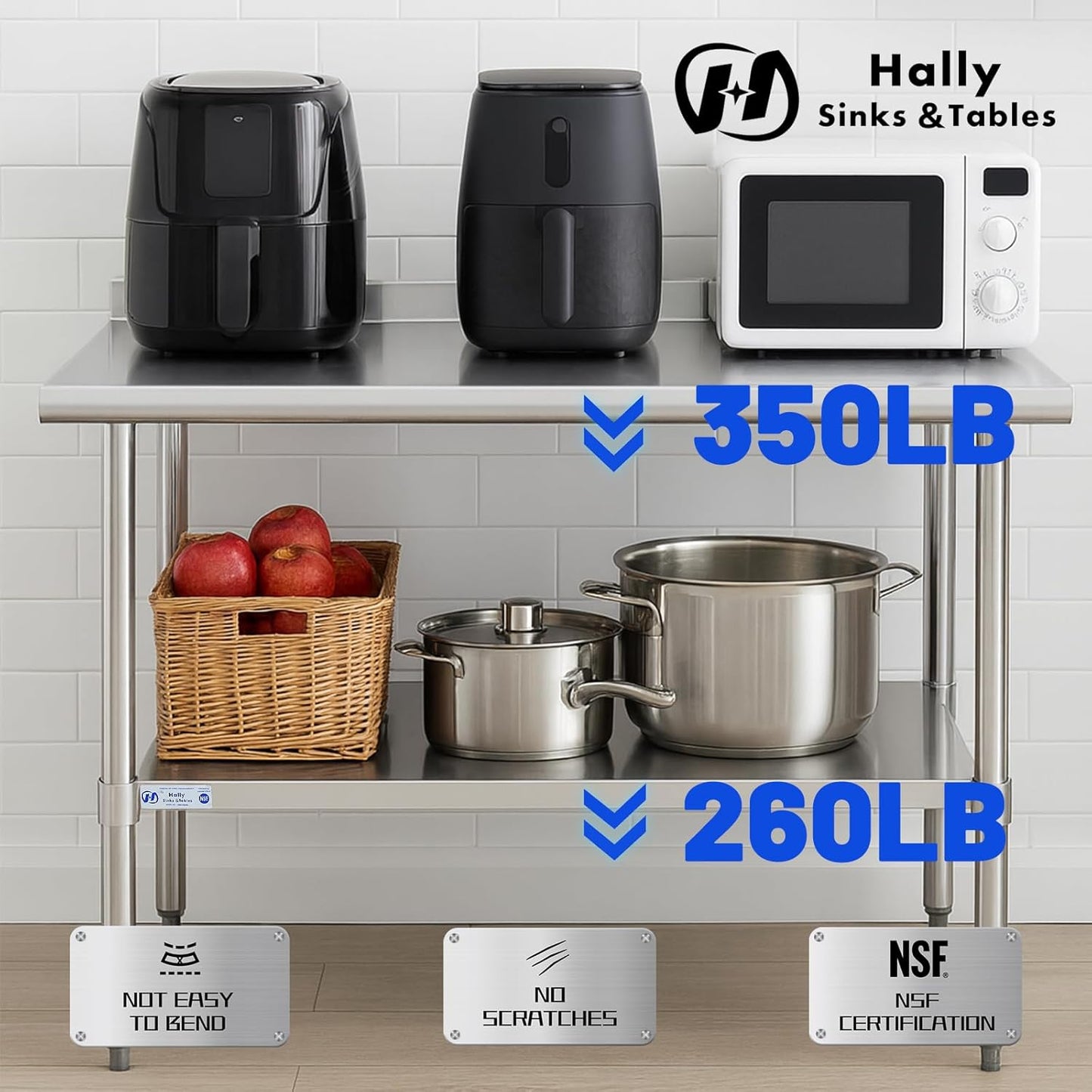 Hally Stainless Steel Table for Prep & Work 18 x 24 Inches, NSF Commercial Heavy Duty Table with Undershelf and Backsplash for Restaurant, Home and Hotel