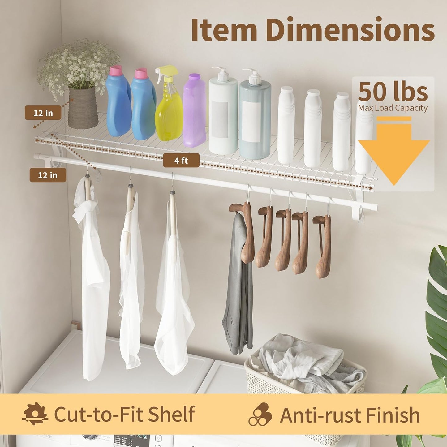 Closet Shelves Wall Mounted with Hanging Rod, 4 Pack 4 ft x 12 in White Wire Shelving Kit, Metal Wall Shelf Organizer for Home, Pantry, Laundry Room Storage